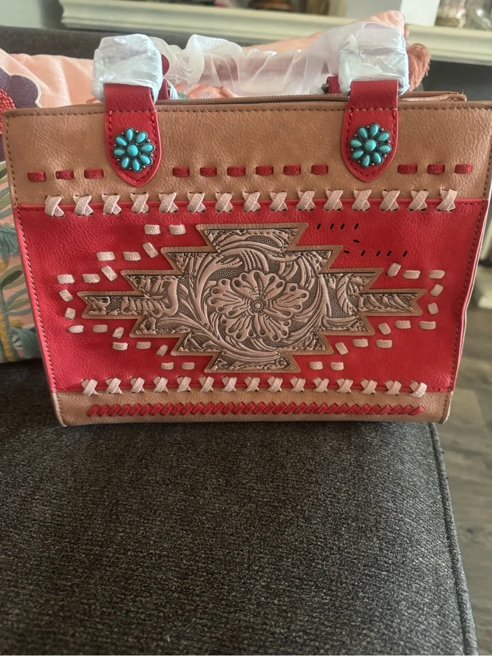 Women’s Red and Tan Embossed Southwestern Tote Bag